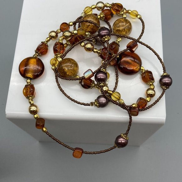 Super Long Bronze Beaded Vintage Necklace, Flashy Art Glass Stations on Seed Bea - Picture 5 of 5